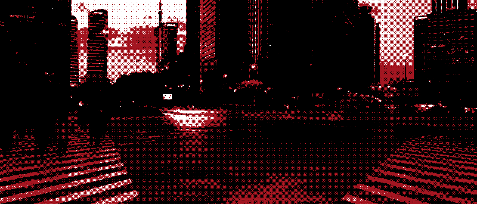 A zebra crossing under a dusk skyline, rendered in the Ignition Grain treatment