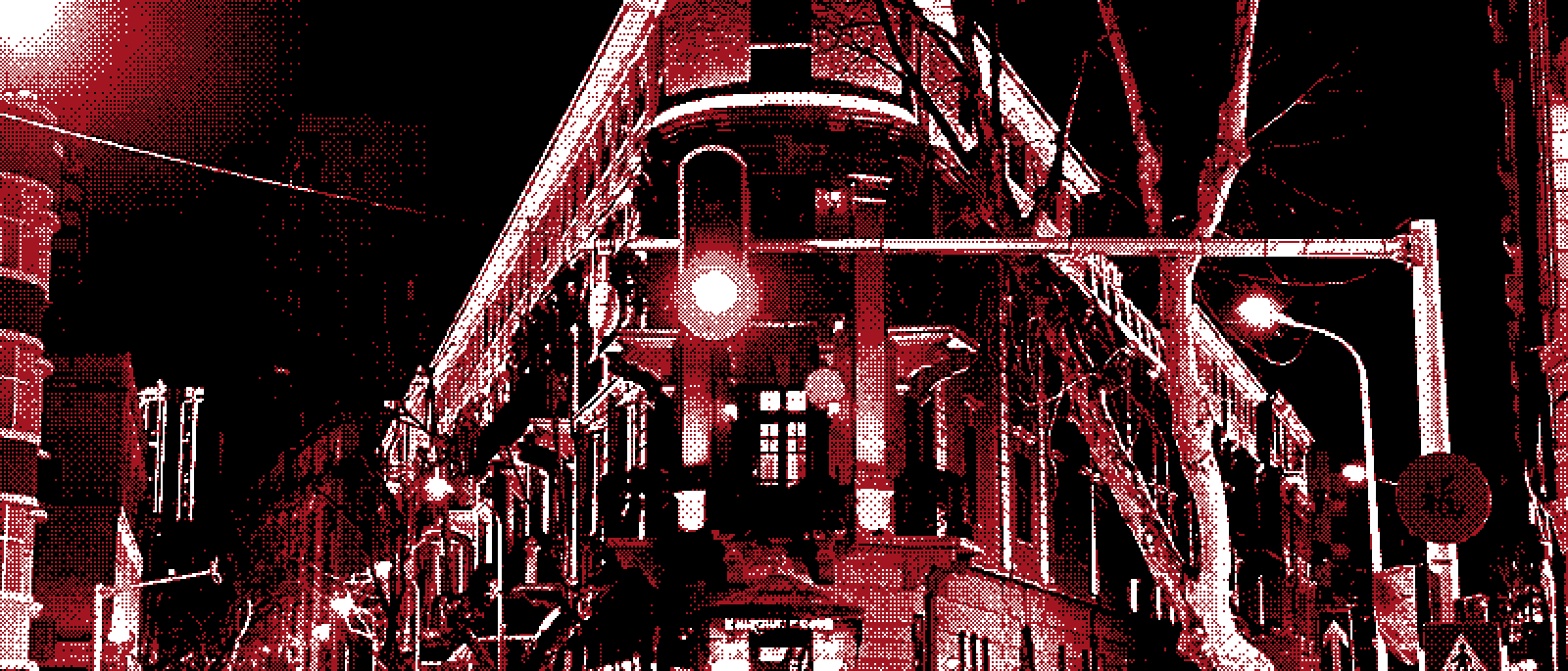 A crowd gathered before a domed building at night, in the Ignition Grain treatment