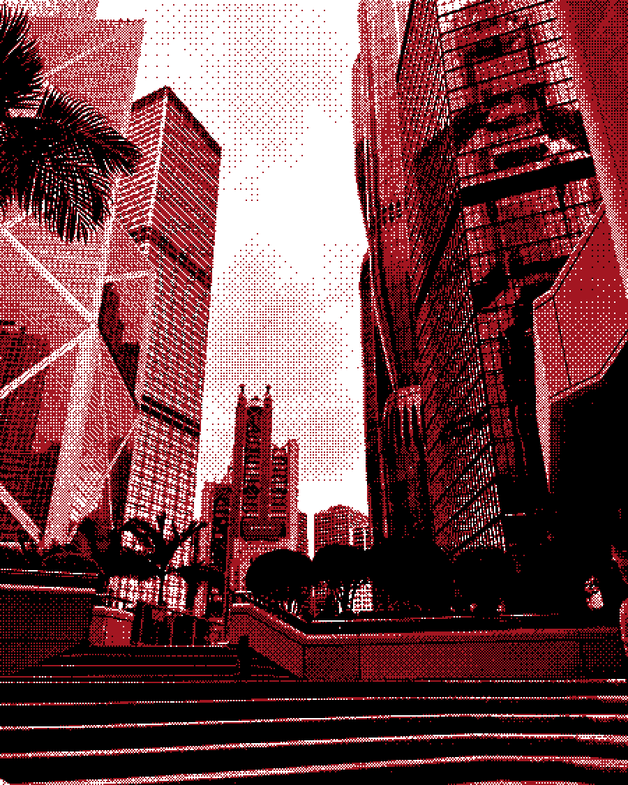 Glass towers above broad plaza steps, in the Ignition Grain treatment
