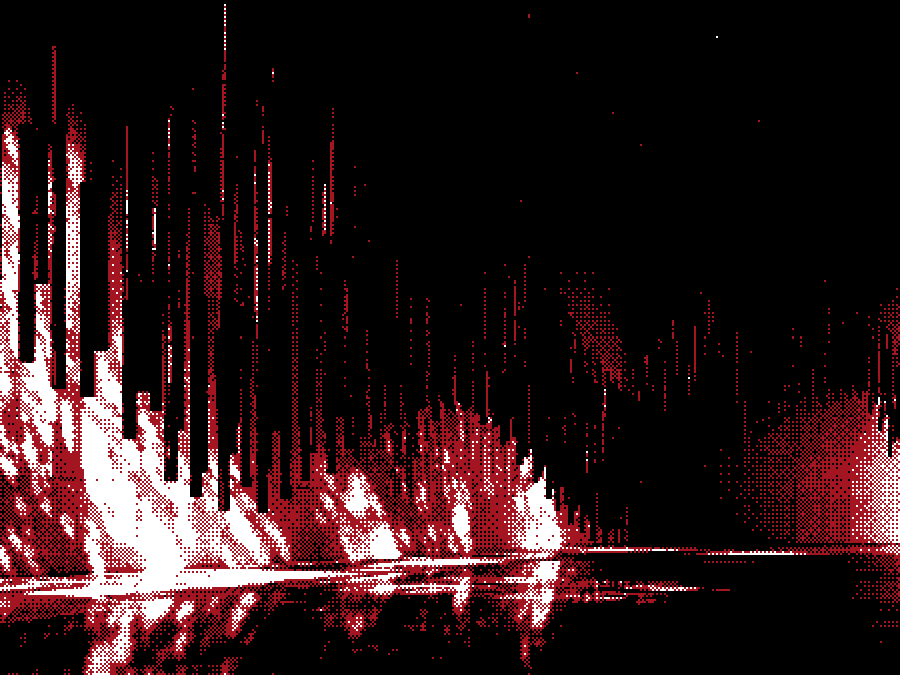 A field of suspended illuminated rods, in the Ignition Grain treatment