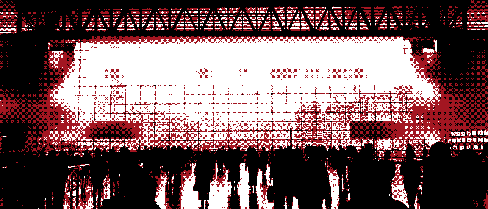 Travellers silhouetted in a railway station atrium, in the Ignition Grain treatment